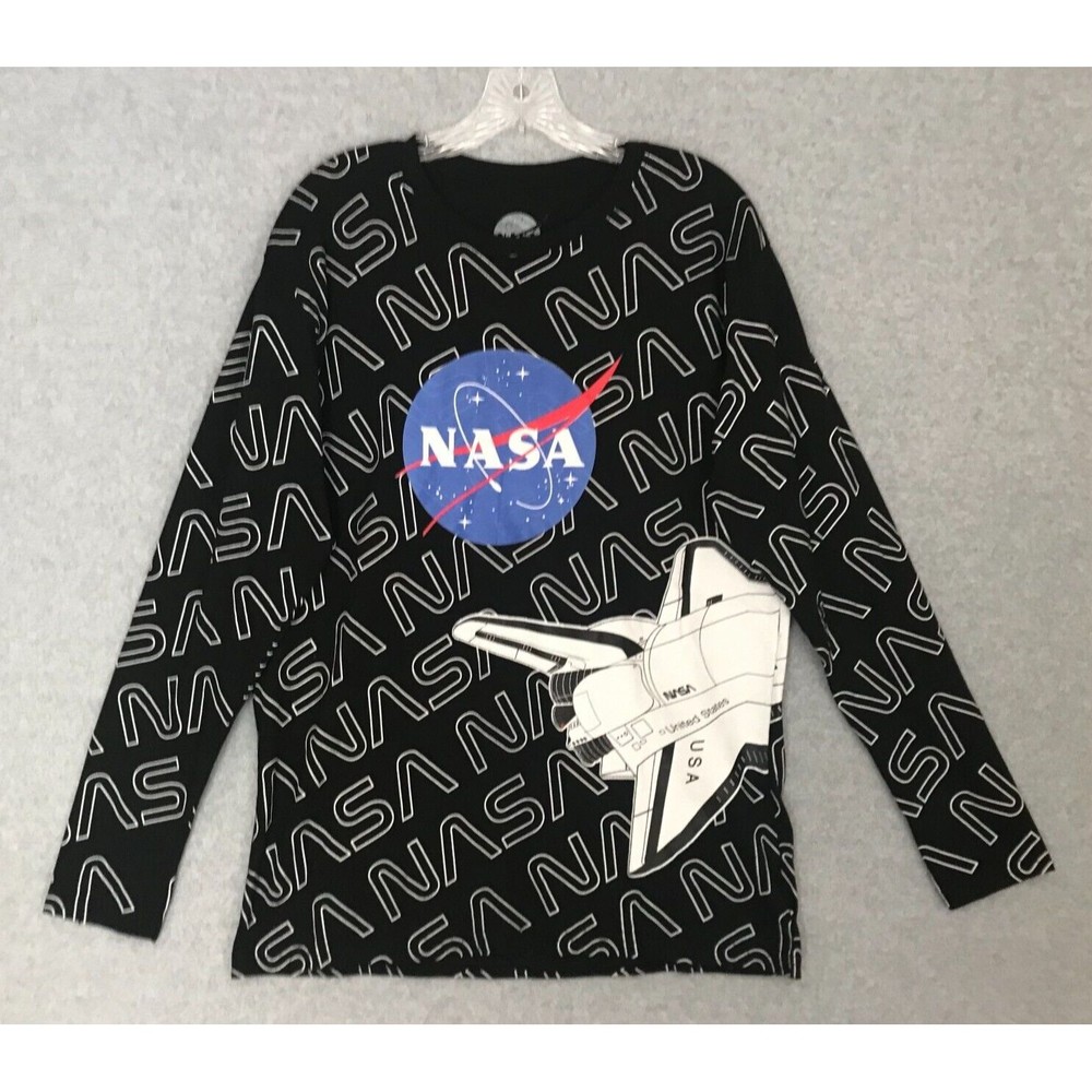 NASA Kennedy‎ Space Center Shuttle Shirt Mens Large AOP Logo Black Long Sleeve